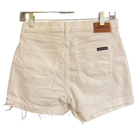 CALVIN KLEIN WHITE HIGH RISE BUTTON FLY RAW ROLLED CUFF DENIM SHORTS SZ 26 - Picture 3 of 11